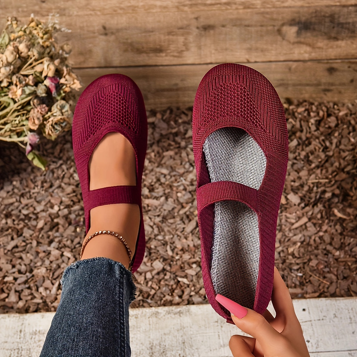 Zapatos planos transpirables de punto para mujer, ligeros y sin cordones, con suela de goma