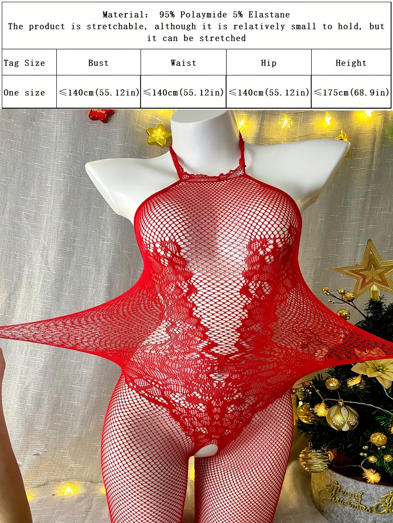 Red Lace and Fishnet Bodysuit with Cut-Out Detail for Holiday Festivities