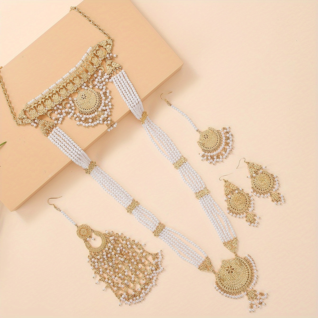 Elegant 5-Piece Pearl and Tassel Jewelry Set for Women with Earrings and Headpiece