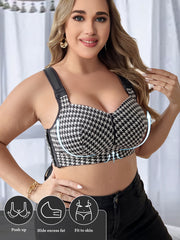 Plus Size Houndstooth Bralette Wireless No Padding Medium Stretch Knit Fabric