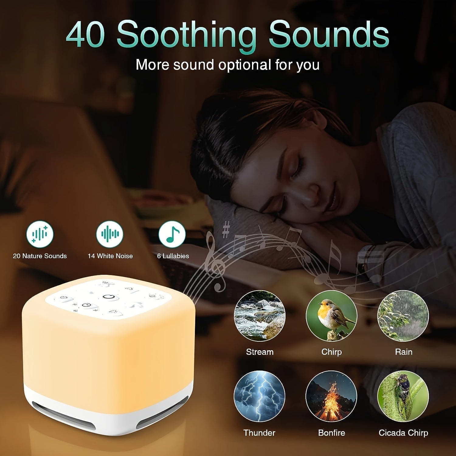 Rechargeable Portable Sleep Sound Machine with 7 Colors Night Light and 40 Soothing Sounds