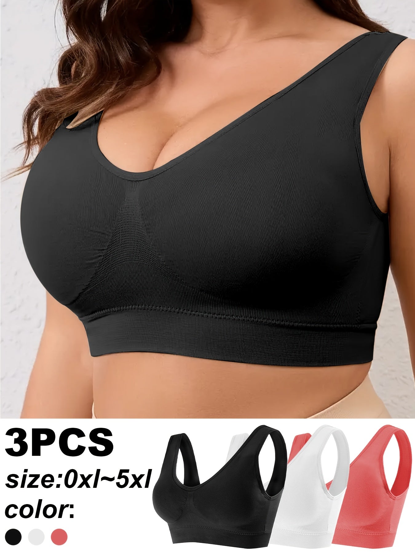 Plus-Size Wireless Sports Bras High-Impact Seamless Push-Up Nylon Elastane Black White Red