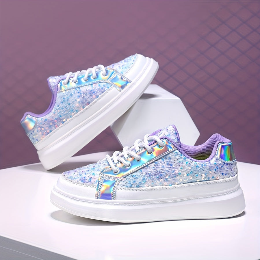 Girls' Sparkly Blue Sequin Sneakers with Purple Accents for Outdoor Play and Casual Wear