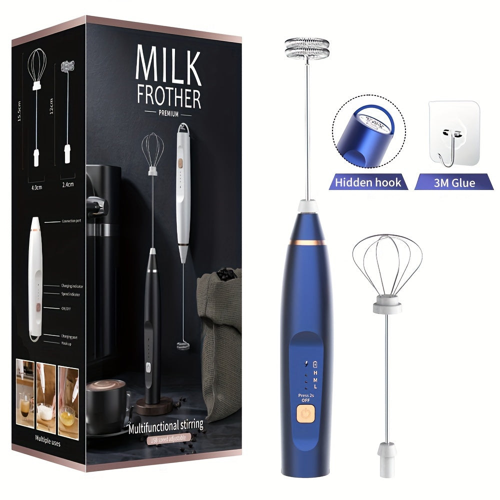 Electric Milk Frother Handheld with 3-Speed Adjustable USB Rechargeable and Stainless Steel Whisks
