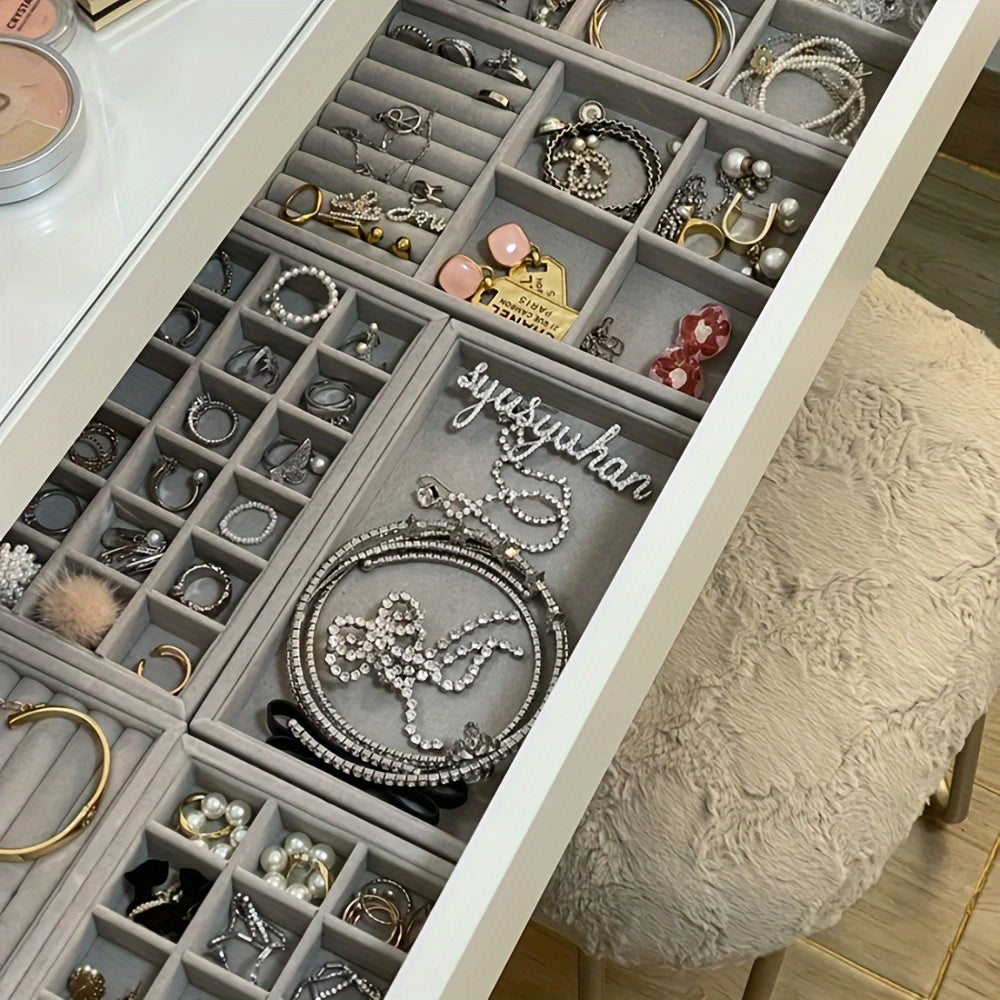 Flannel Jewelry Organizer Tray with Stackable Drawer Dividers for Earrings Necklaces and Bracelets