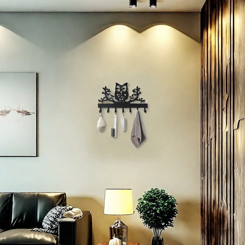 Wall-Mounted Iron Owl Coat Hook with Seven Hooks for Entryway Storage