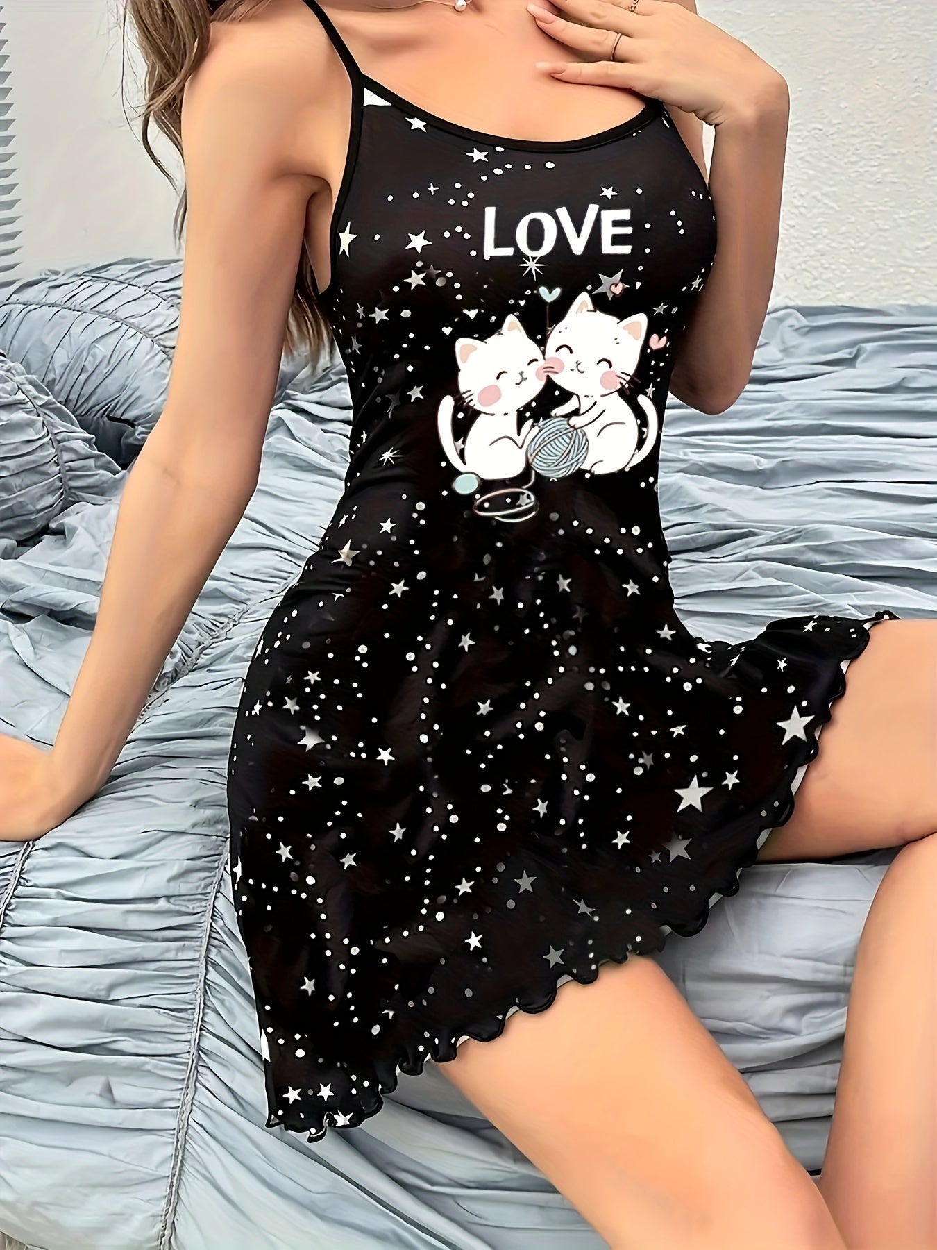 Women’s Cat and Star Print Lounge Dress with Frill Trim Backless Slip Nightgown