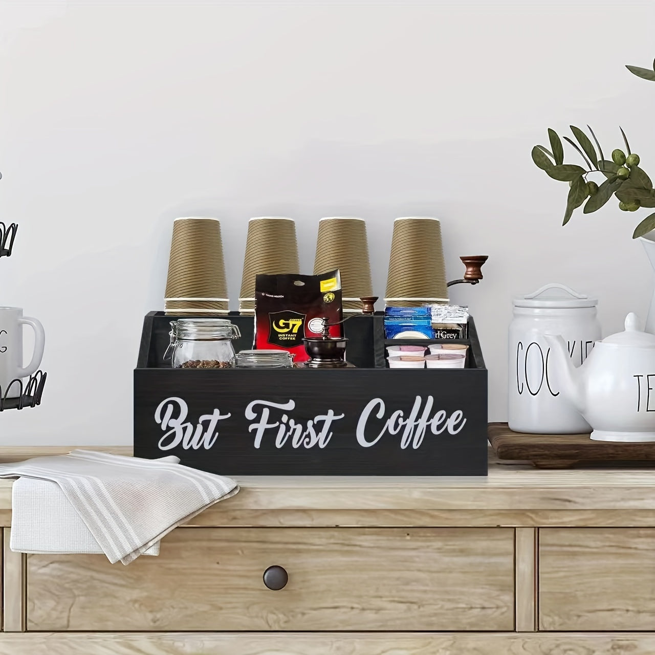 Rustic Wooden Coffee Station Organizer Countertop Pods Holder Condiment Basket