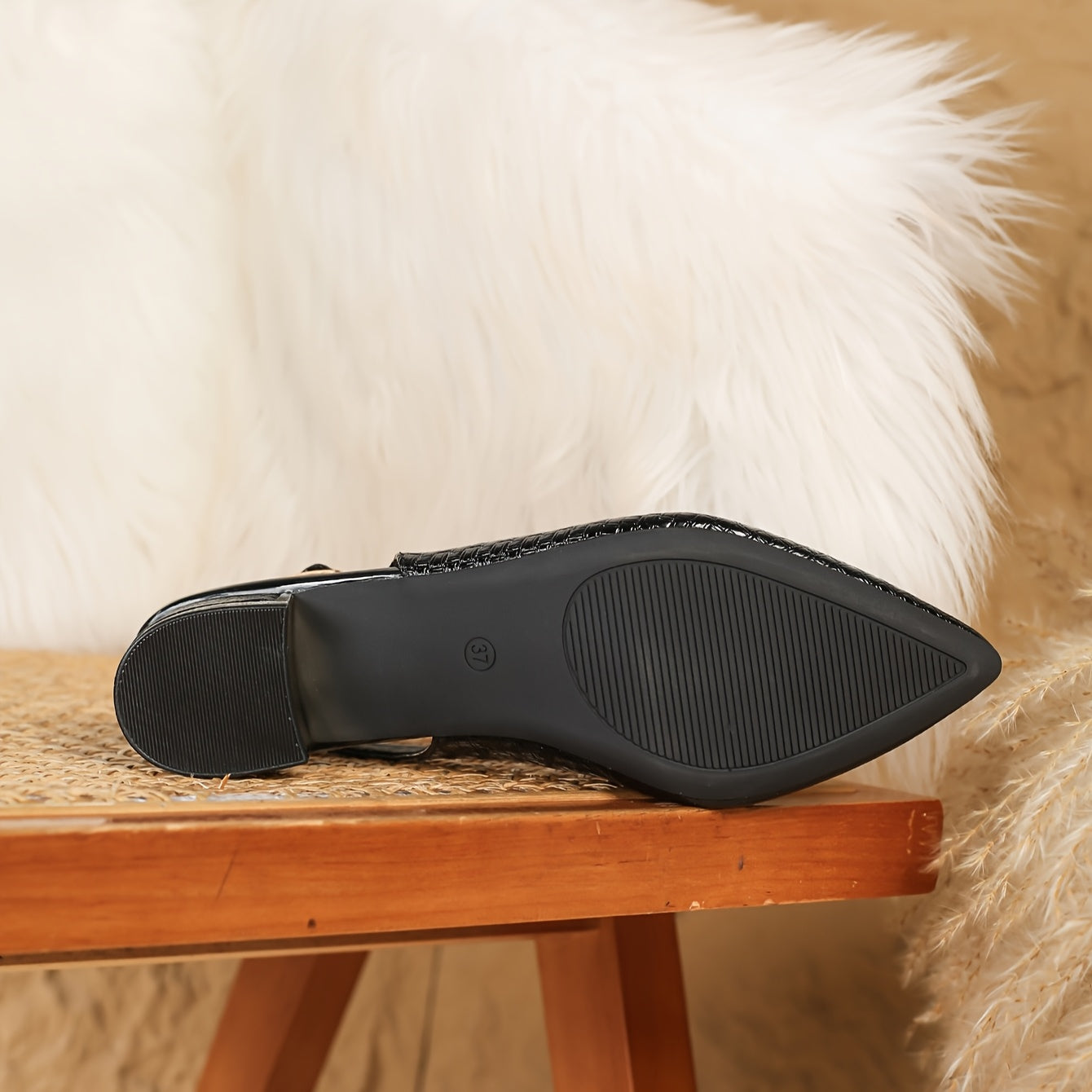 Women's Black PU Mules with Metallic Buckle, Chunky Heel, Pointed Toe