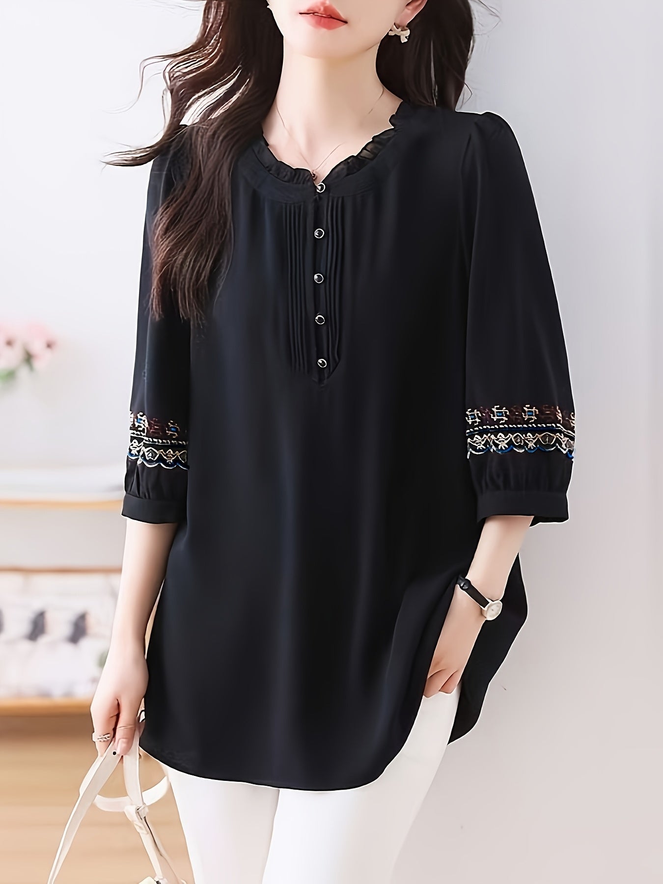Plus Size Embroidered Blouse for Women Loose Fit Round Neck 3/4 Sleeve