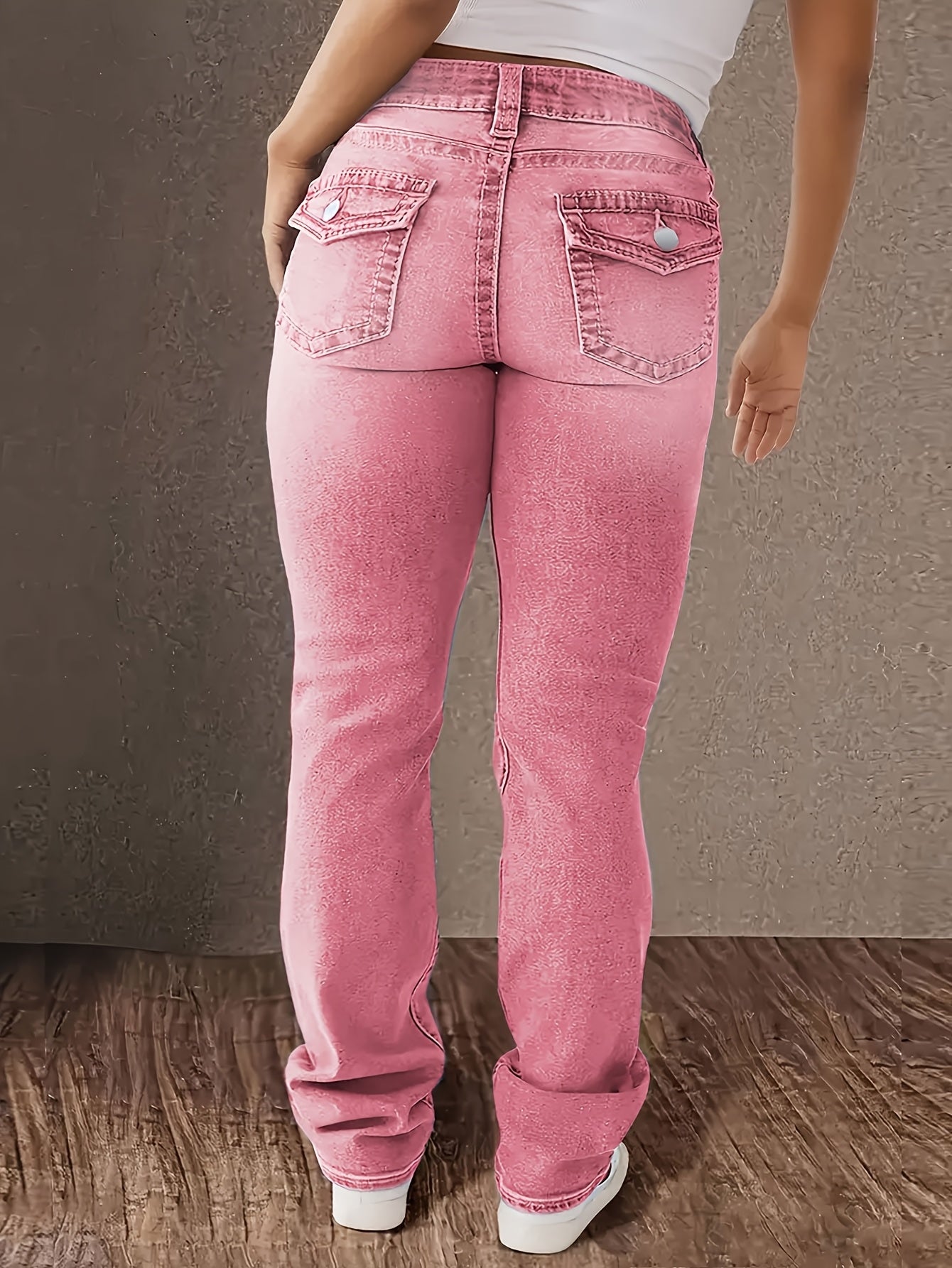 Women's Pink Slim Fit Denim Jeans with Slash Pockets and Button Closure