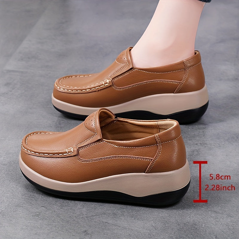 Women's Faux Leather Platform Loafers Slip-On Casual Shoes All-Season Round Toe
