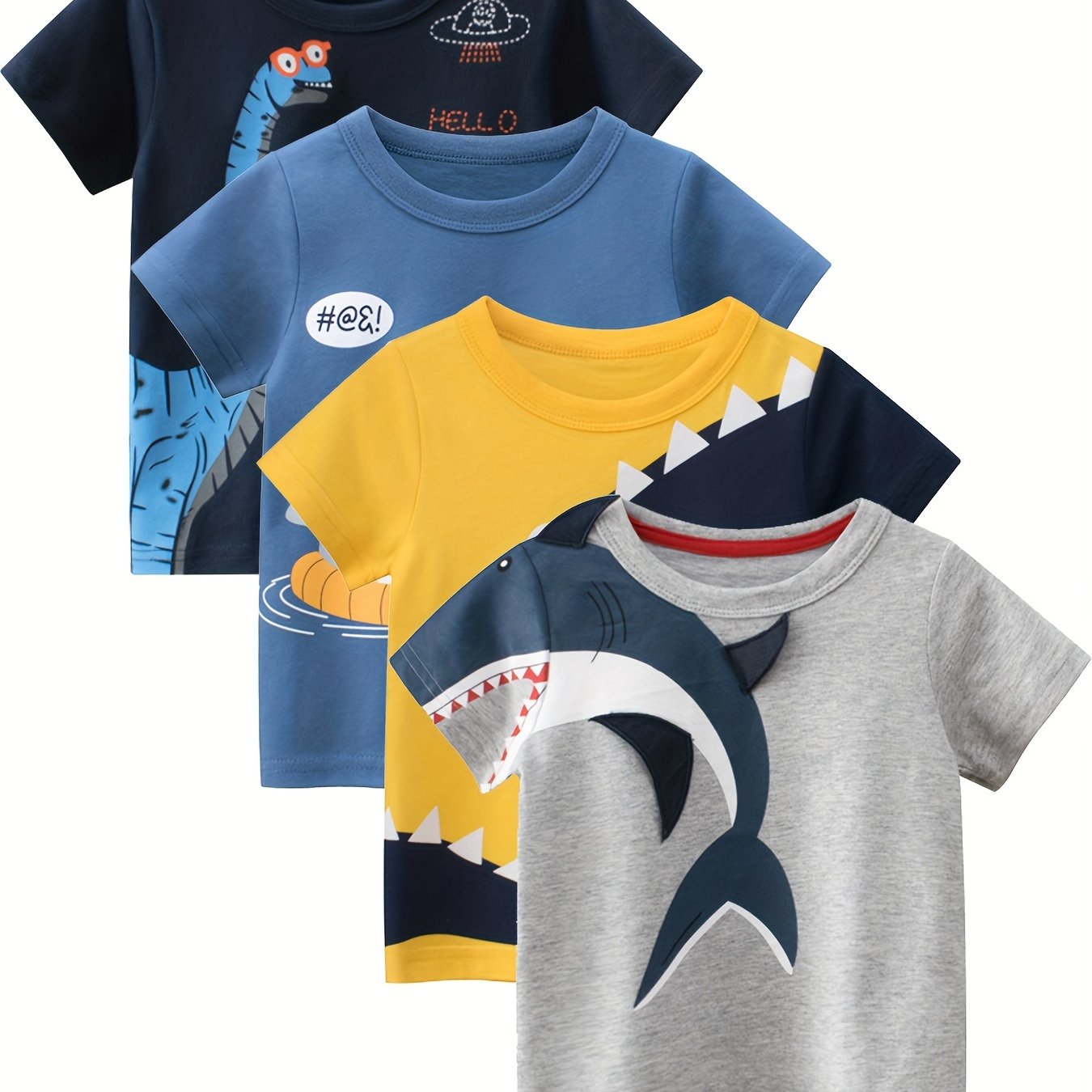 Kids' Short Sleeve Cartoon Shark and Dinosaur T-Shirts Set for Boys Age 12 and Under
