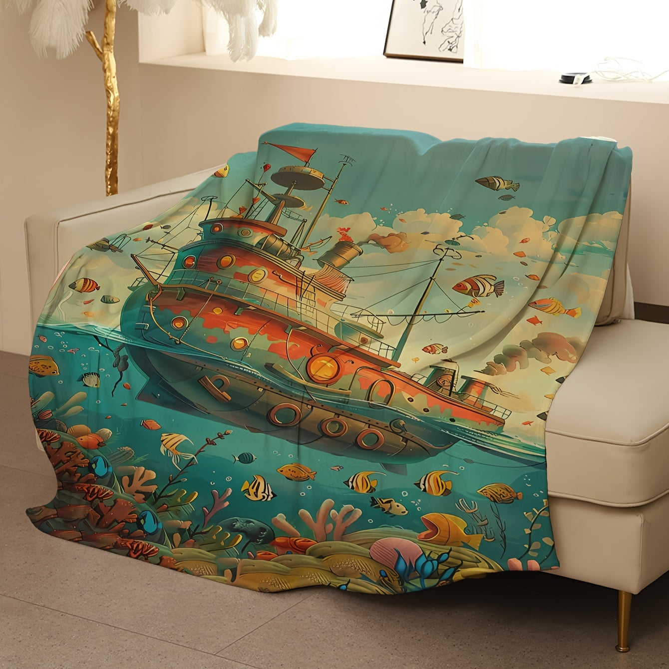 Coral Fleece Blanket with Ship Pattern Soft Warm All-Season Throw for Sofa Bed Camping