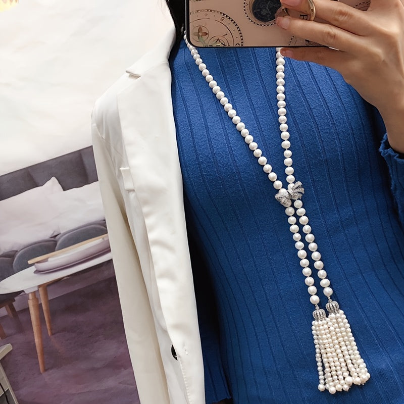 White Freshwater Pearl Tassel Necklace for Women with CZ Accents Vintage Style Elegant Jewelry
