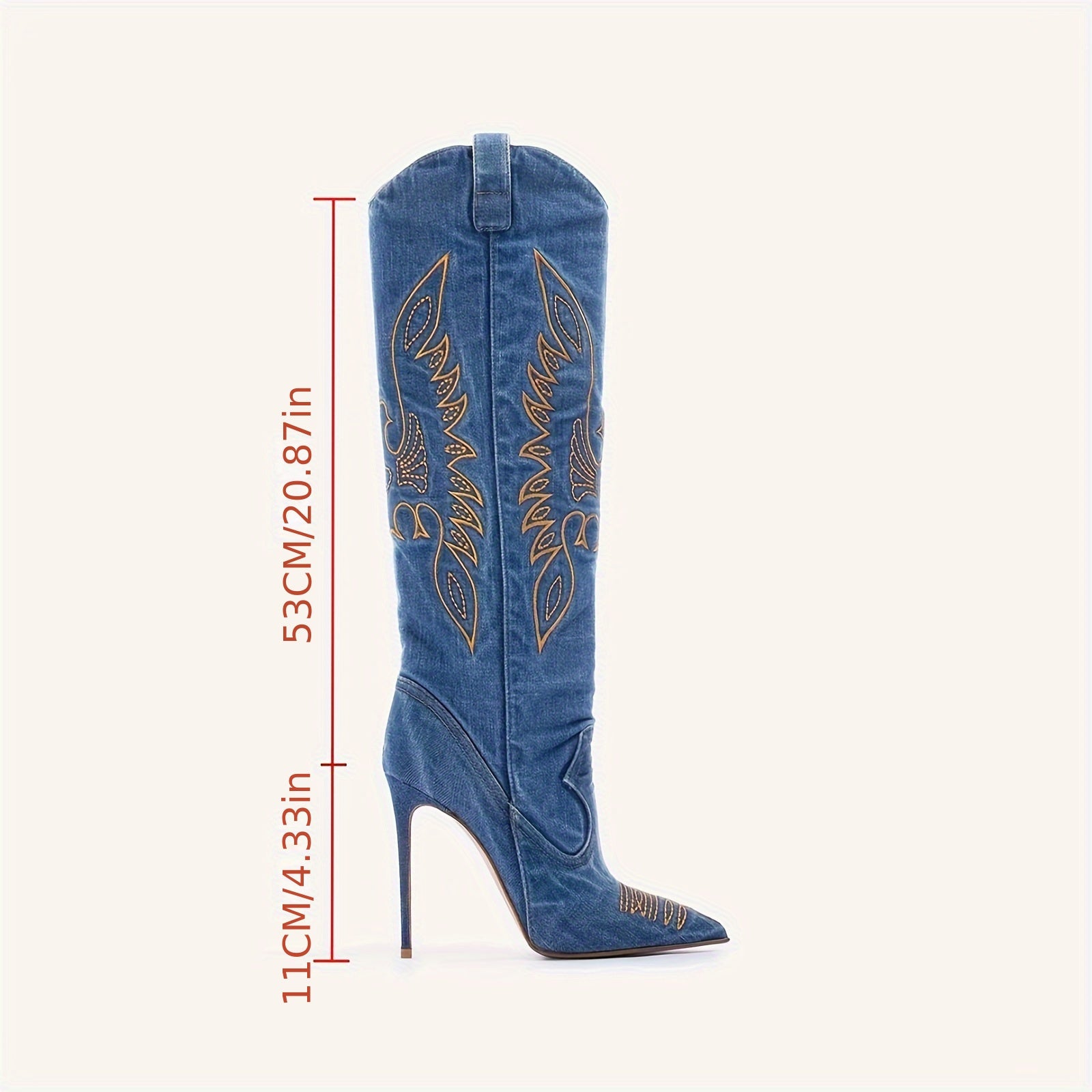 Women's Denim Knee-High Boots with Pointed Toes and Stiletto Heels