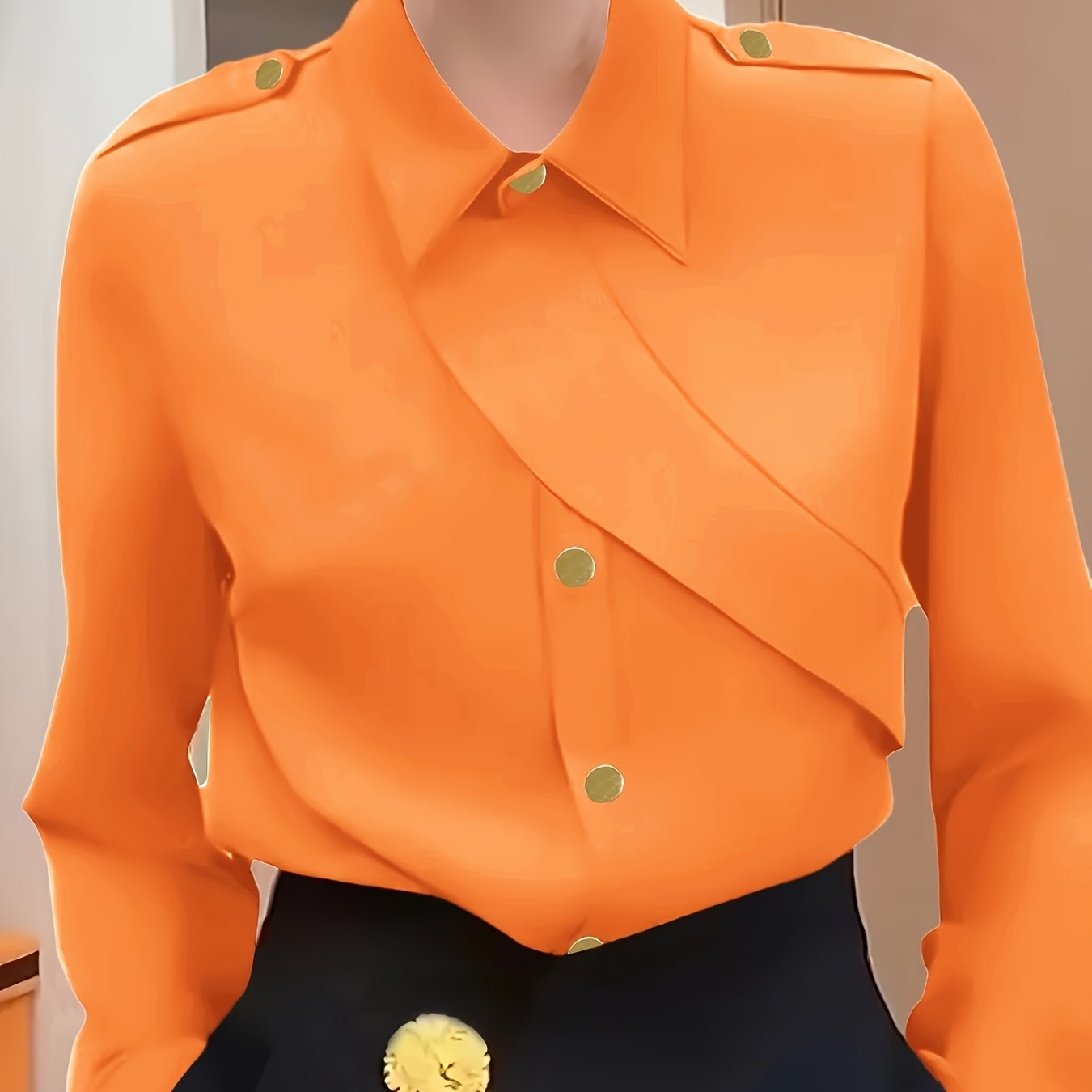 Women's Polyester Casual Button-Up Shirt with Lapel Collar Solid Color All-Season Blouse