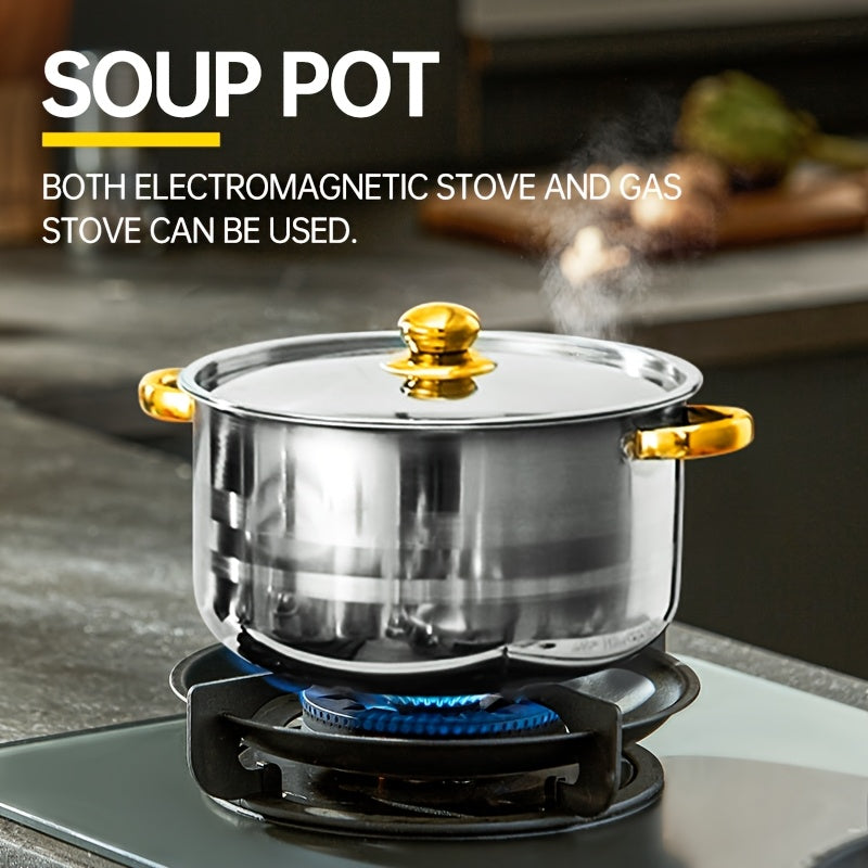 Set of 10 Stainless Steel Soup Pots with Gold Handles, Durable Cookware