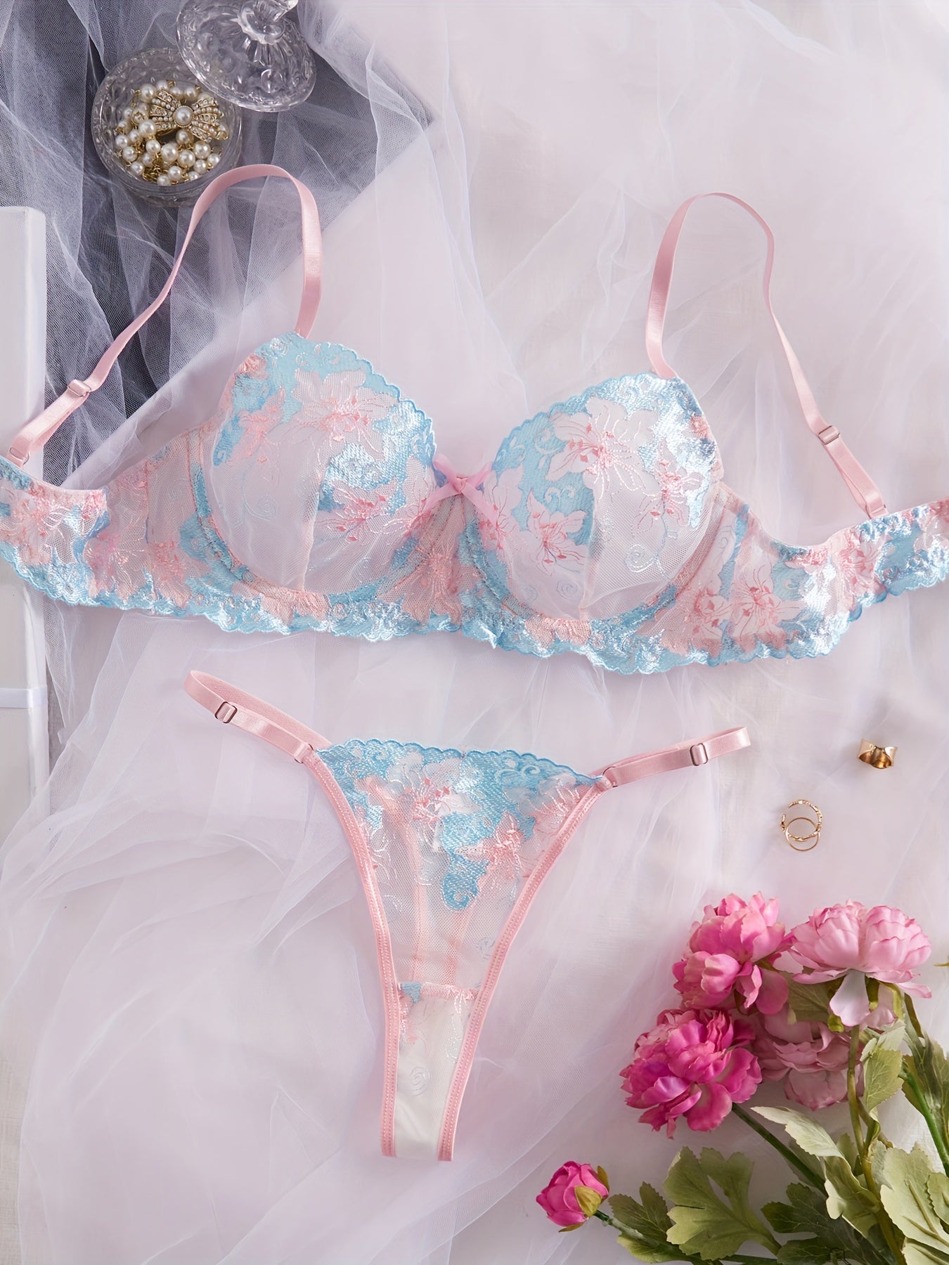 Women's Floral Lace Lingerie Set Bra and Thong Sexy Intimates Underwear