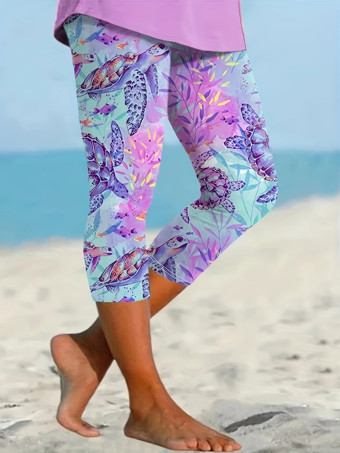 Plus Size Women's Capri Leggings High-Waisted Vibrant Sea Turtle Tropical Foliage Print