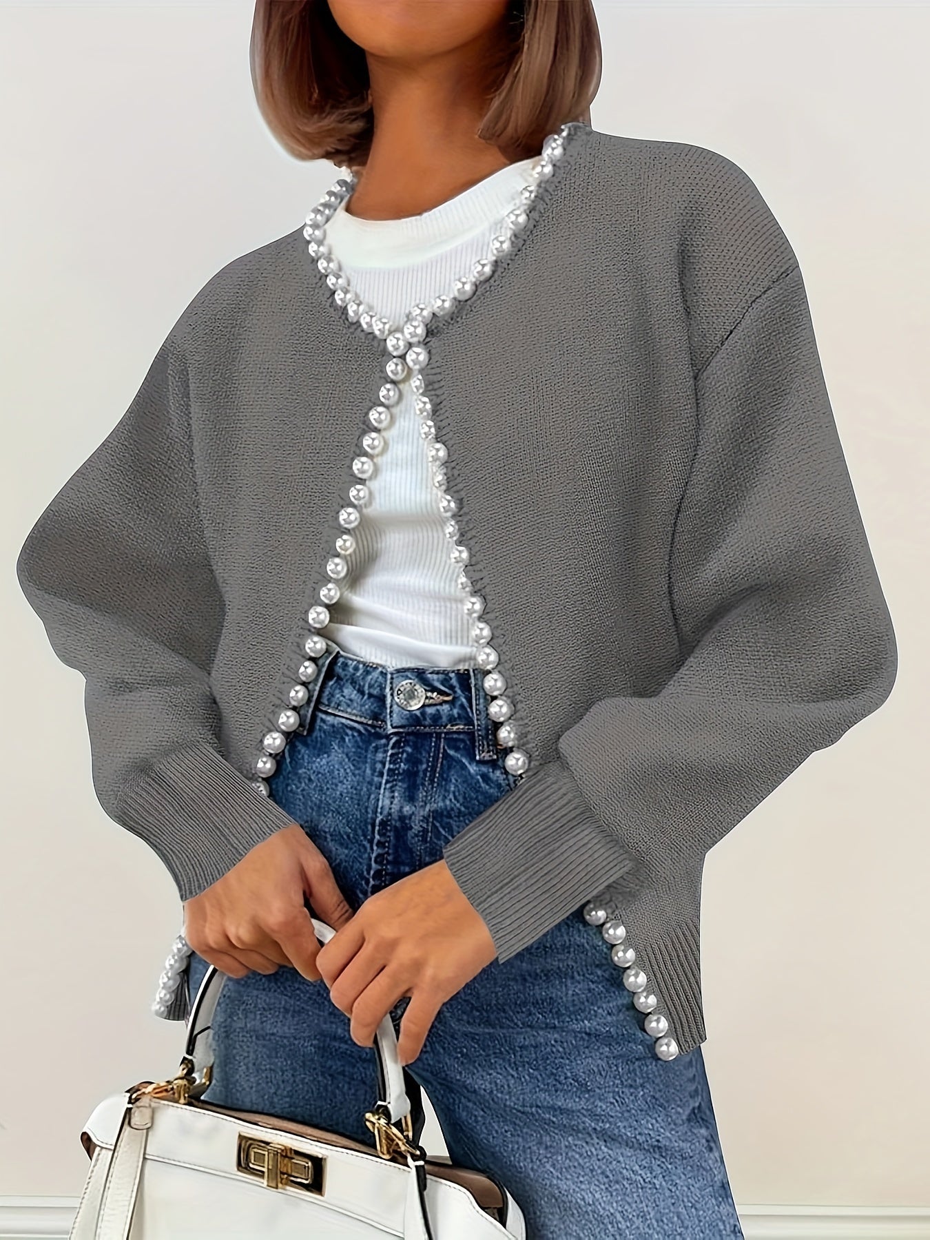 Cárdigan corto para mujer de talla grande con perlas, blanco, suéter de manga larga