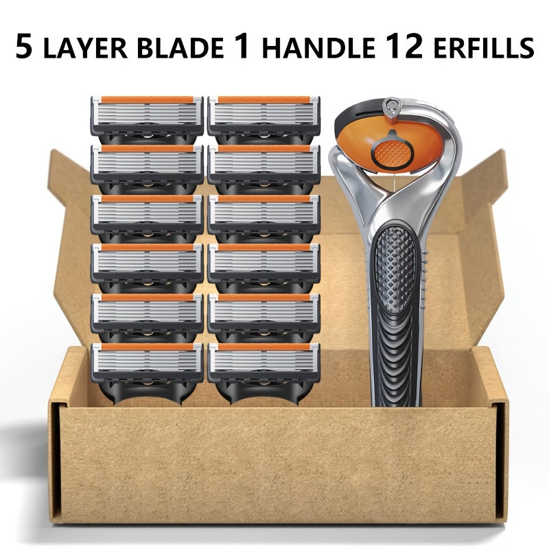 Men's Shaving Razor with 12 Heads, 5-Layer Knife Holder, Reusable Blade