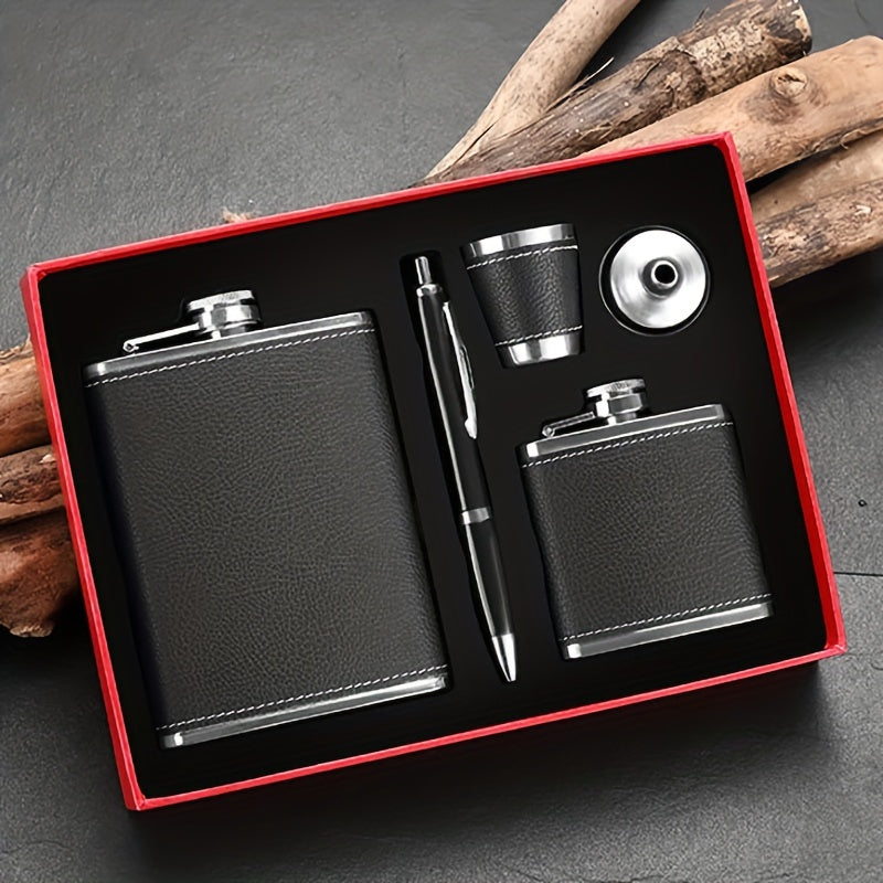 Black Leather Flask Gift Set 8oz and 30oz Stainless Steel with Cups and Chimney for Men and Women