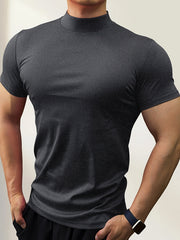 Men's Slim Fit Short Sleeve T Shirt with Stand Collar for Outdoor Gym Layering