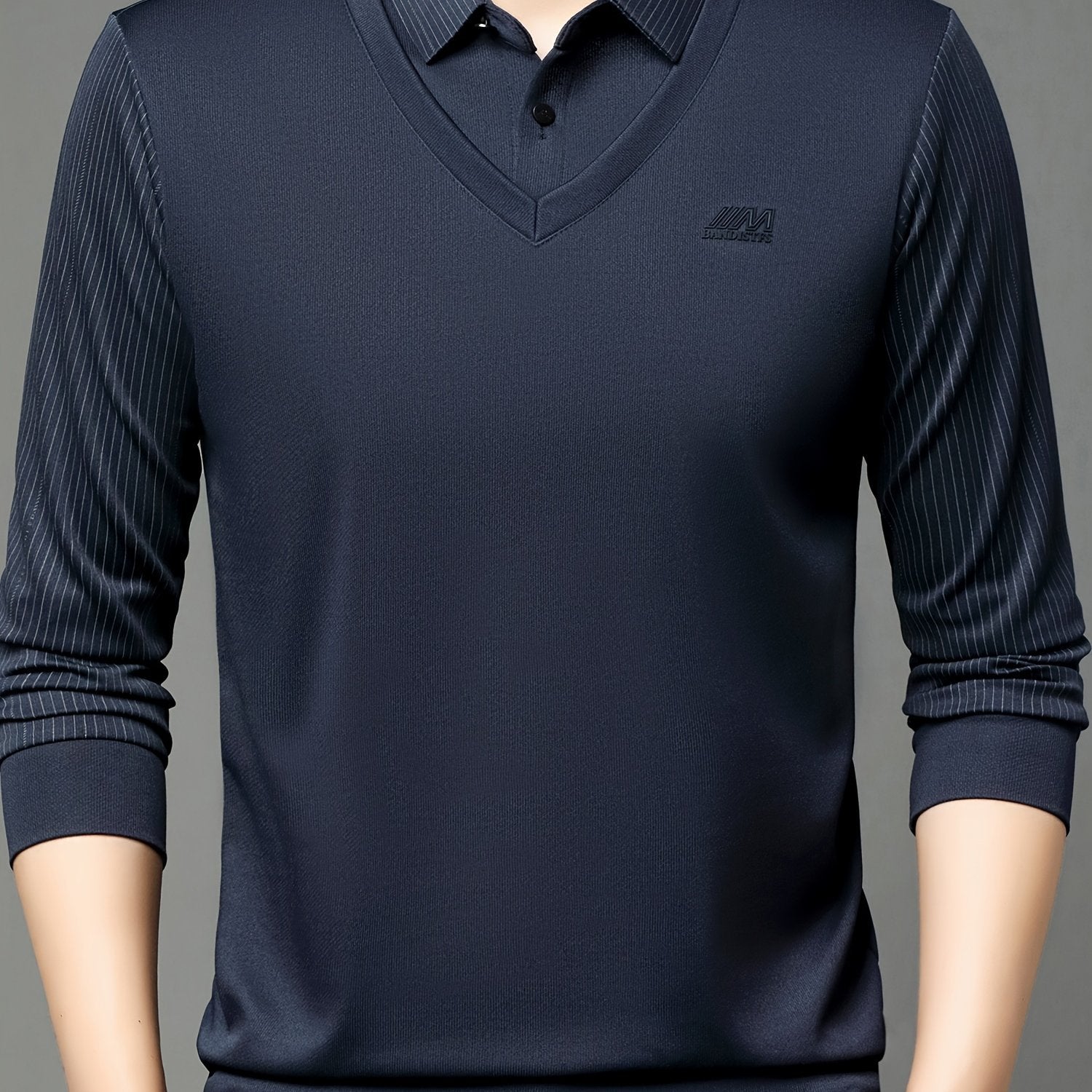 Chiziqli Erkaklar Golf Ko'ylagi, Soxta Ikki Qismli Dizayn, Bahor va Kuz Tashqi Kiymish uchun Uzun Qoltiq Ko'ylak