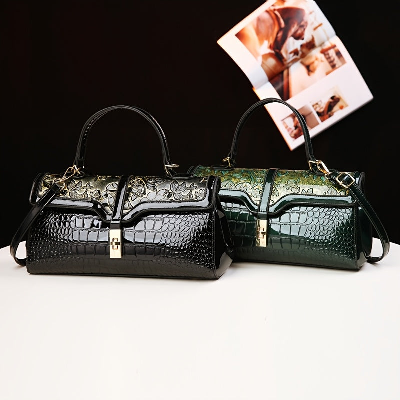 Vintage Geometric Pattern Clutch Bag with Removable Strap and Kiss Lock Closure Black Green