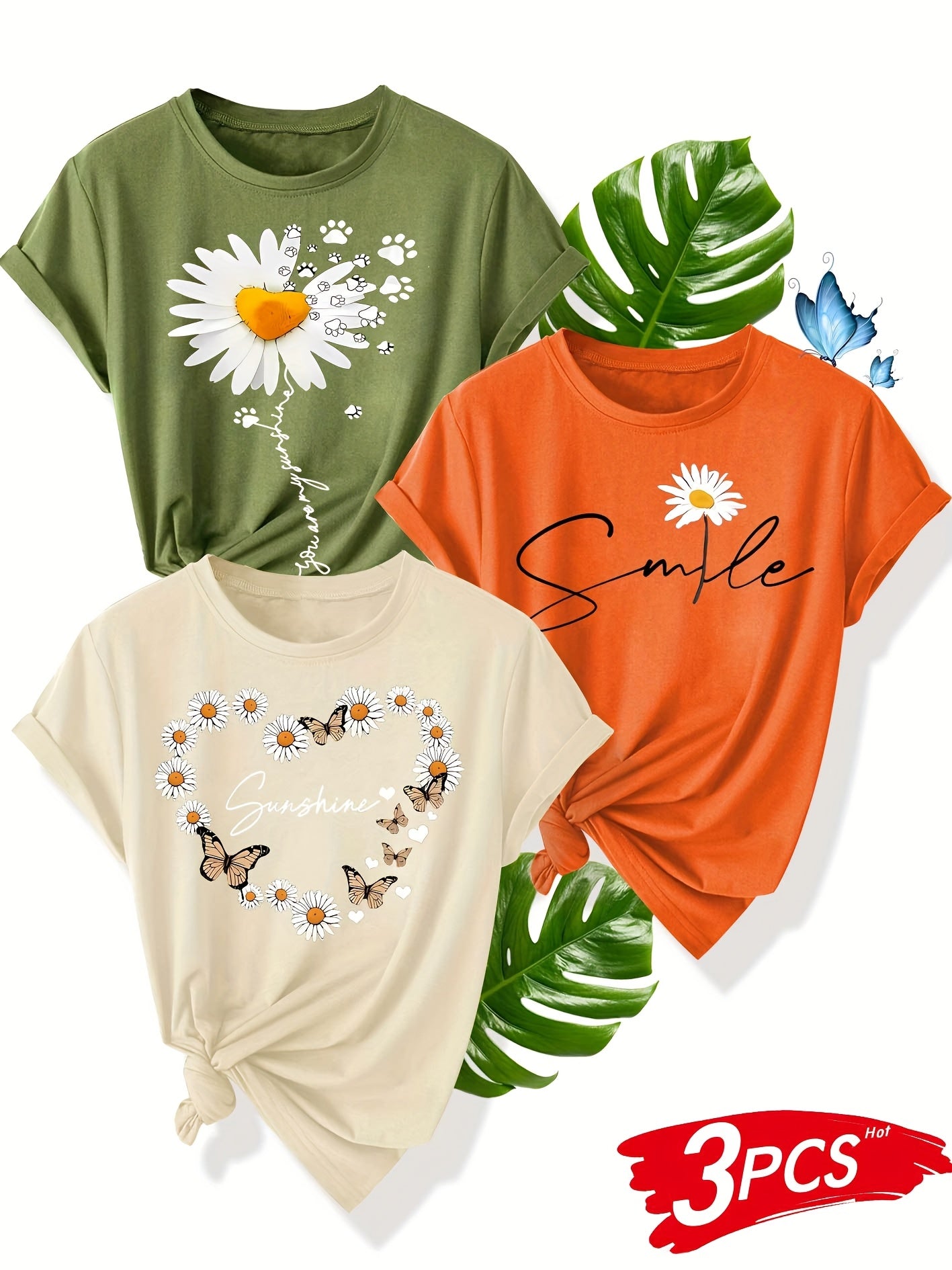 Women's Cotton Butterfly Pattern T-Shirt Summer Casual Short Sleeve
