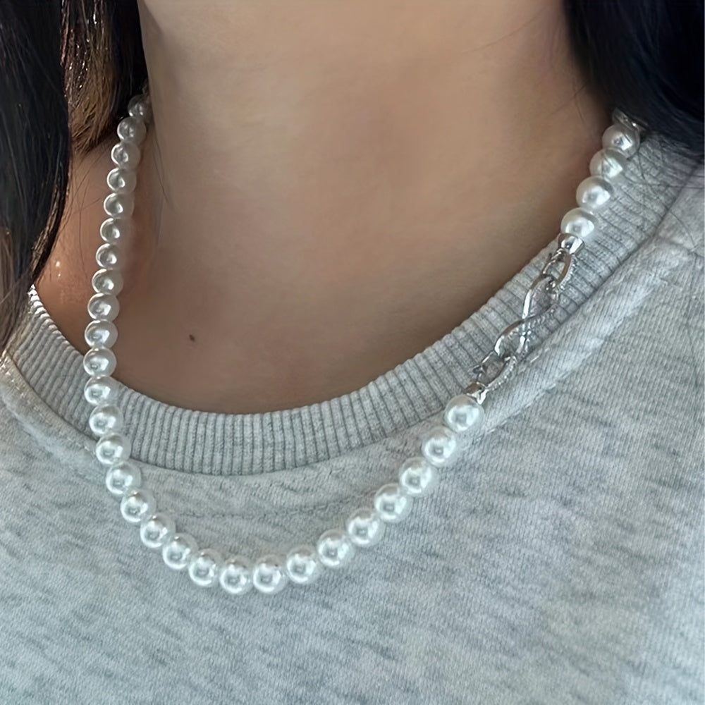 Women's Double Strand Shell Pearl Necklace with Zirconia Inlay and Infinite Clasp
