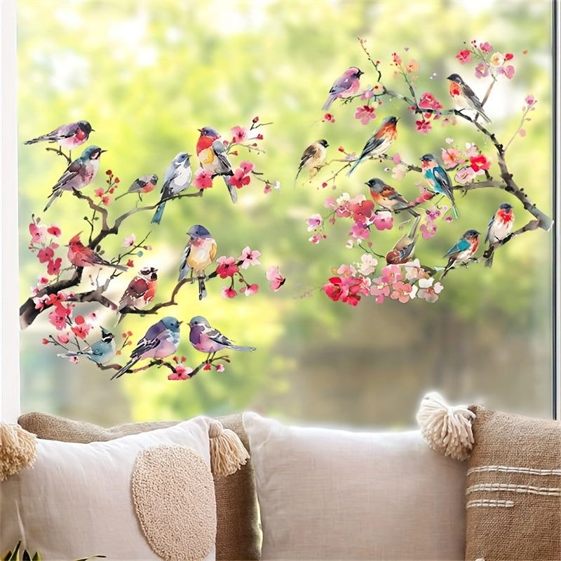 Watercolor Wall Sticker with Branches Flowers and Birds for Windows and Walls