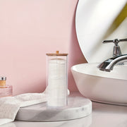 Clear Plastic Bathroom Storage Organizer with Bamboo Lid for Makeup Pads and Cups