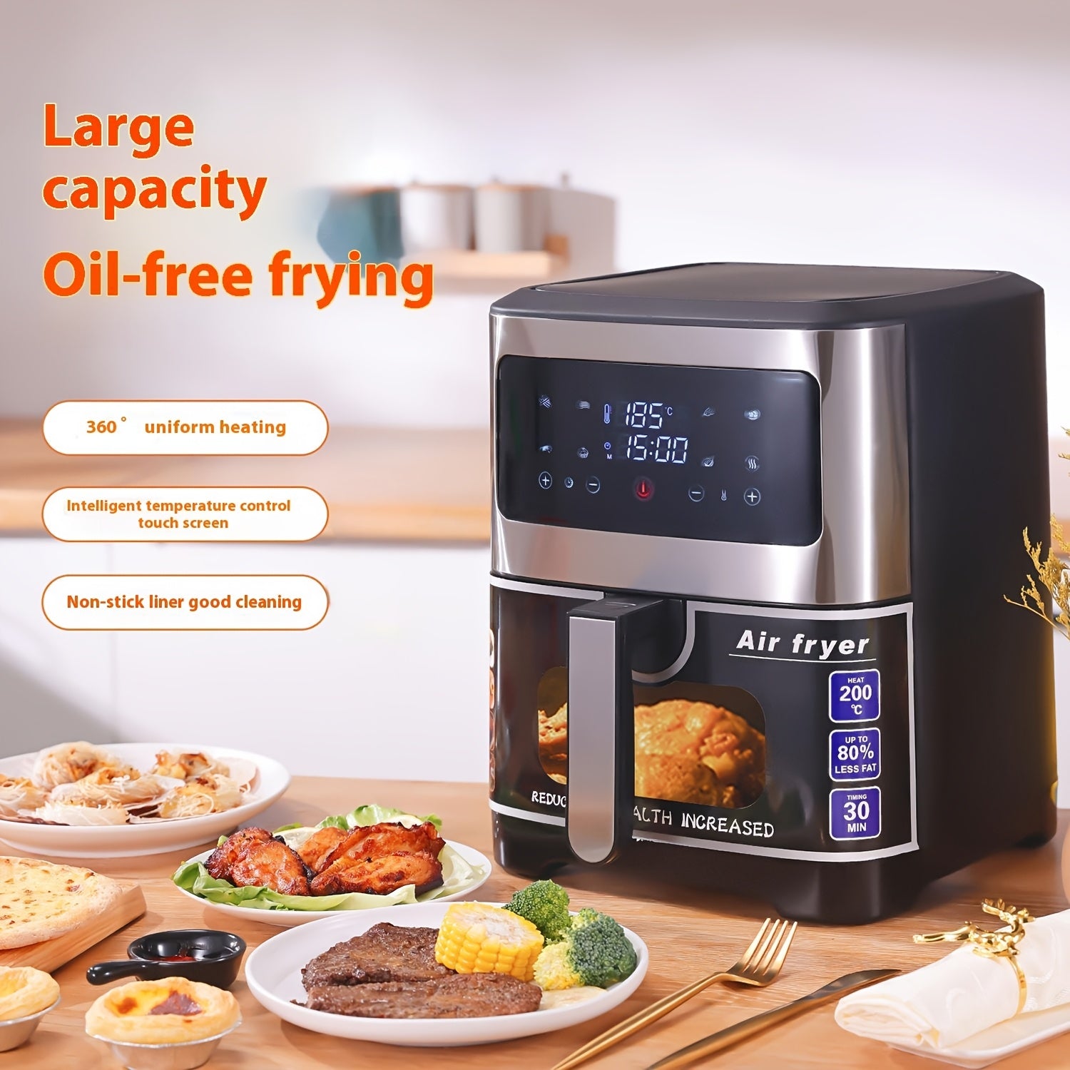 Freidora de aire de estándar europeo de 12L con cesta lavable, ventana transparente y 10 programas preestablecidos