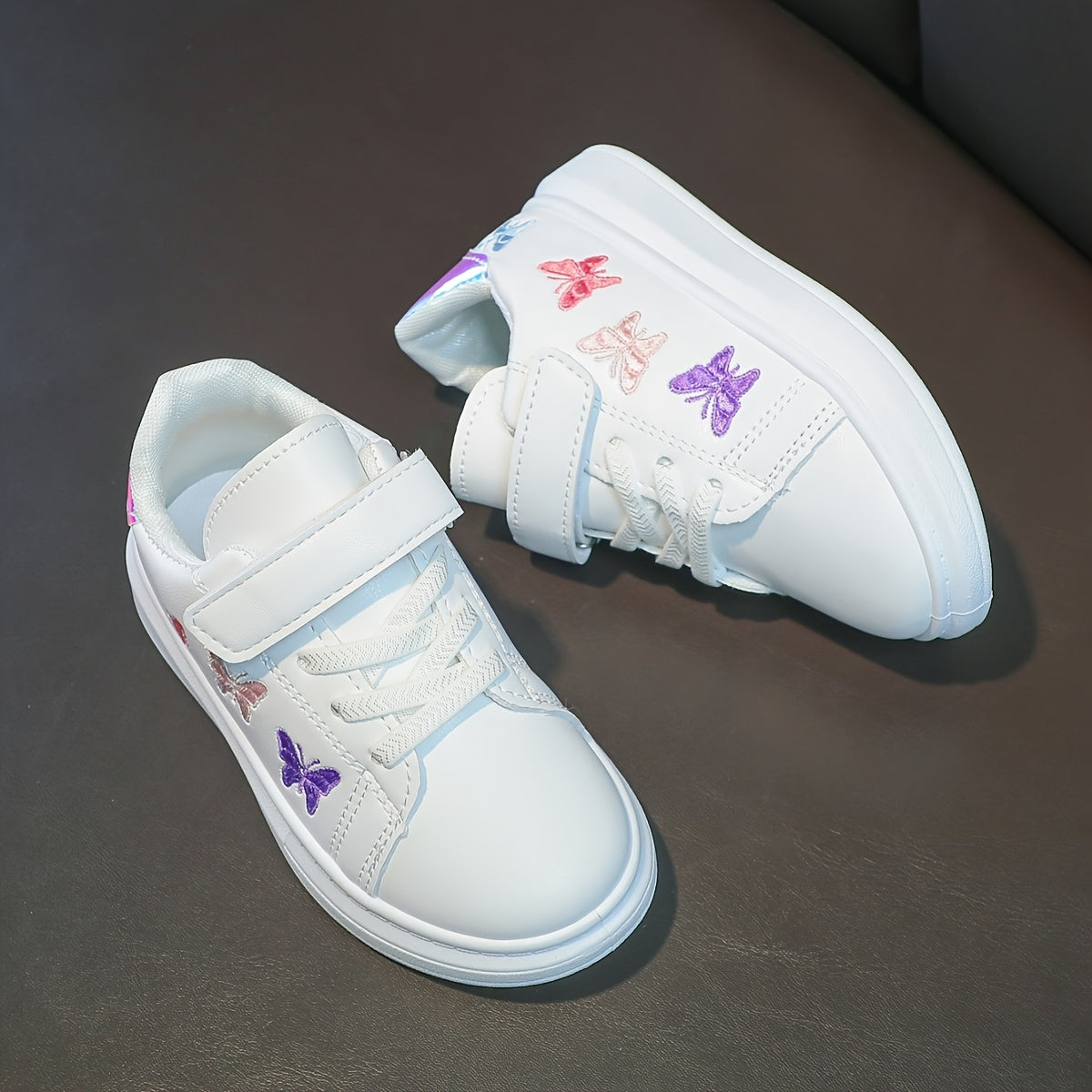 Girls White Sneakers with Strap Embroidered Butterfly Low Top Rubber Sole