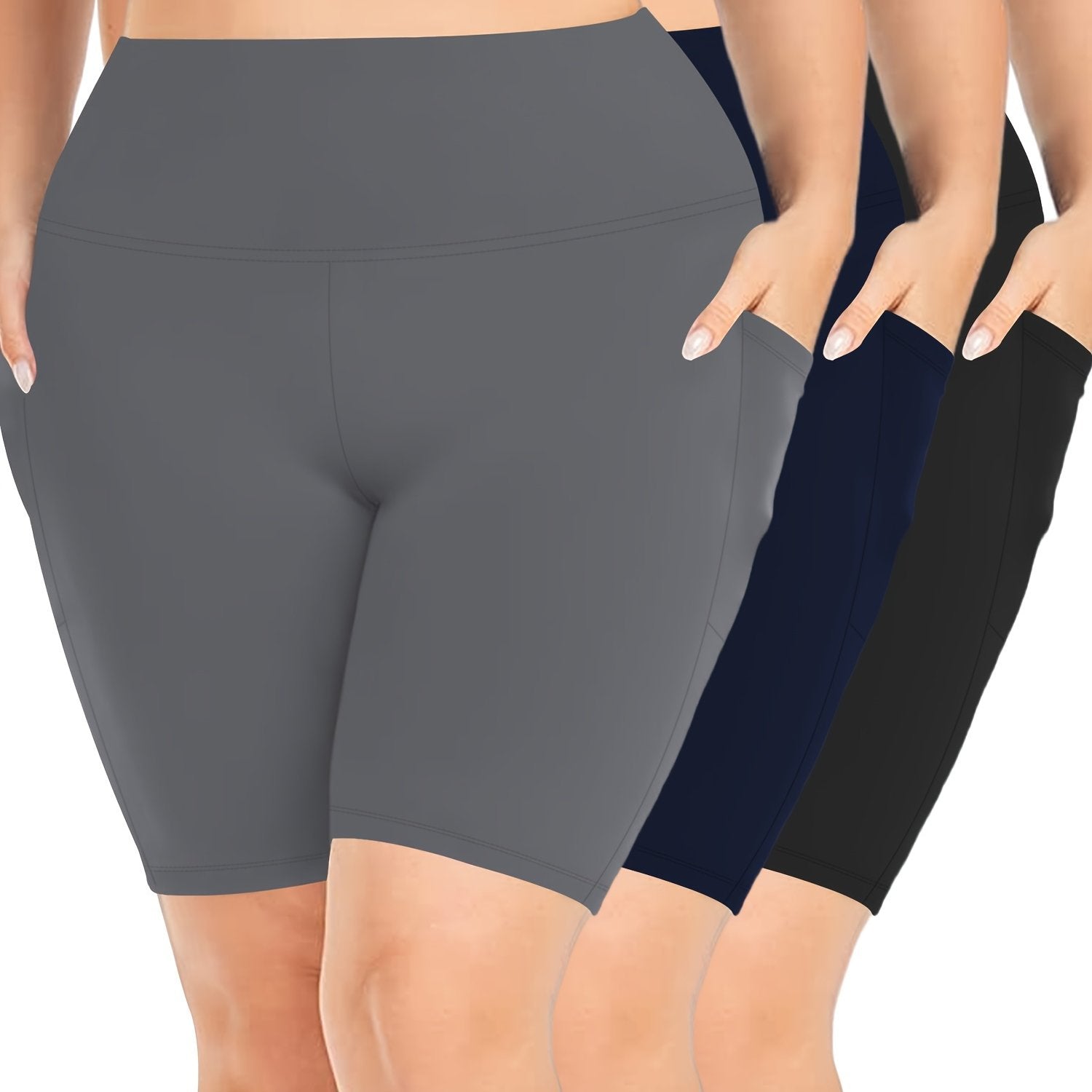 Plus Size Women's High-Waisted Leggings 3-Pack with Side Pockets