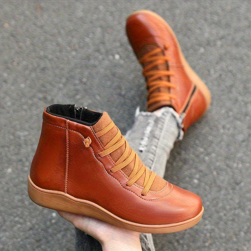 Women's Casual Ankle Boots Brown PU Low Heel Round Toe Lace-Up