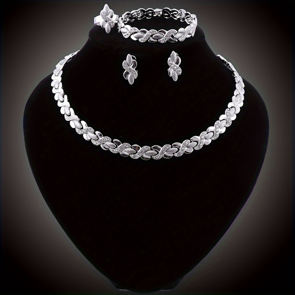 Conjunto de joyería en tono dorado para mujer: collar, pendientes, pulsera y anillo para bodas y eventos