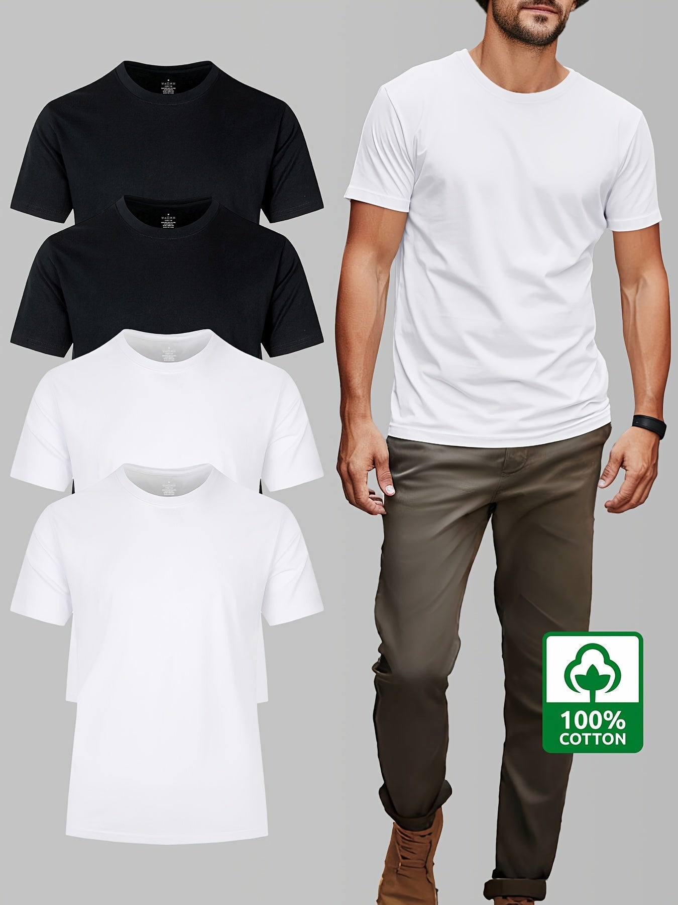 Men's Plus Size Cotton T-Shirt Crew Neck Solid Color Pack of 4 Summer Casual Breathable