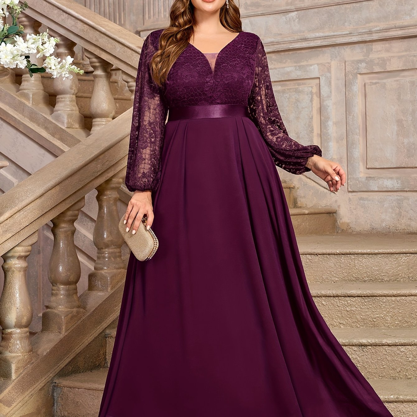 Plus Size Women's Floral Lace Chiffon Long Dress Evening Gown Formal Party