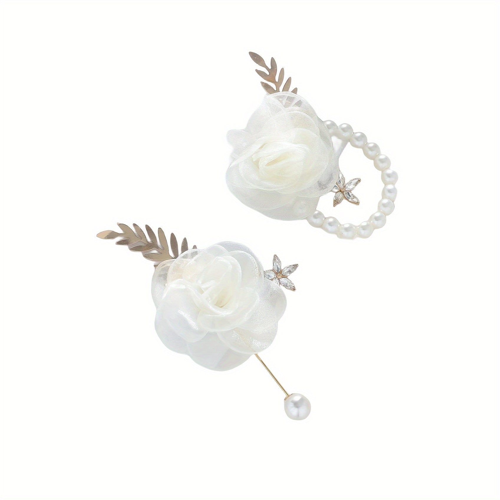 Bridal Party Wrist Corsage and Boutonniere Set with Faux Pearls and Rhinestones