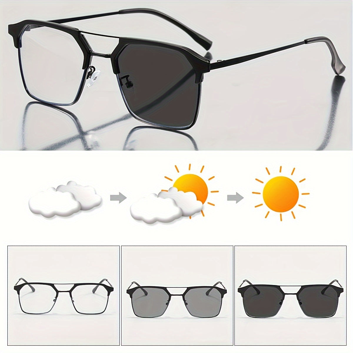 Unisex Photochromic Glasses Full Rim Iron Alloy Frame AC Lenses for Travel Computer Use