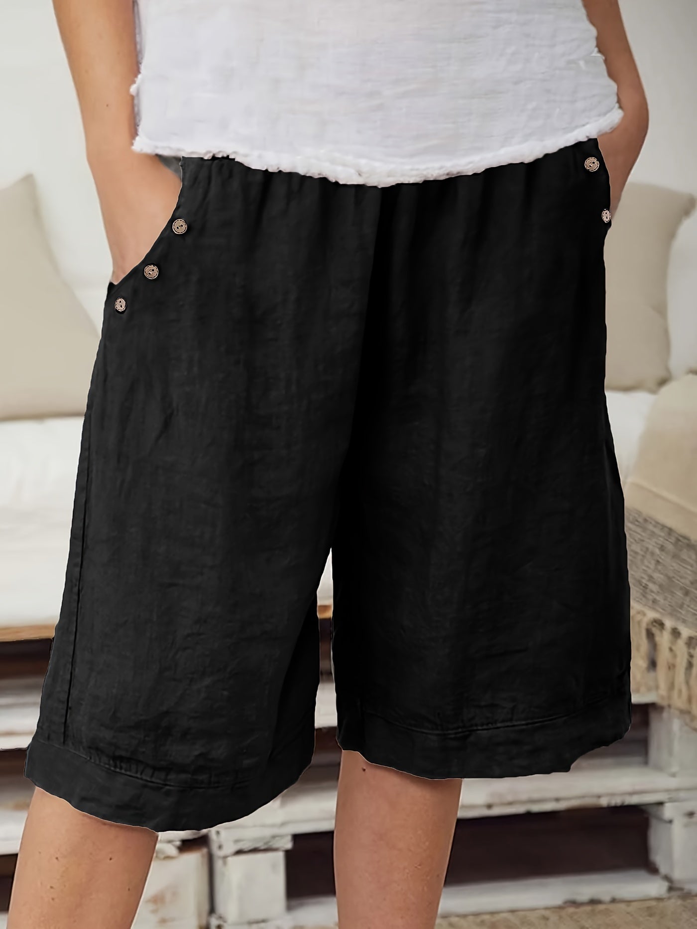 Women's Casual Solid Color Shorts with Fake Button Decoration