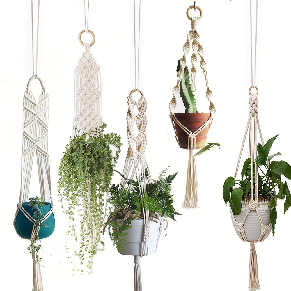 Soporte para plantas de macramé blanco bohemio para macetas y cuencos de interior