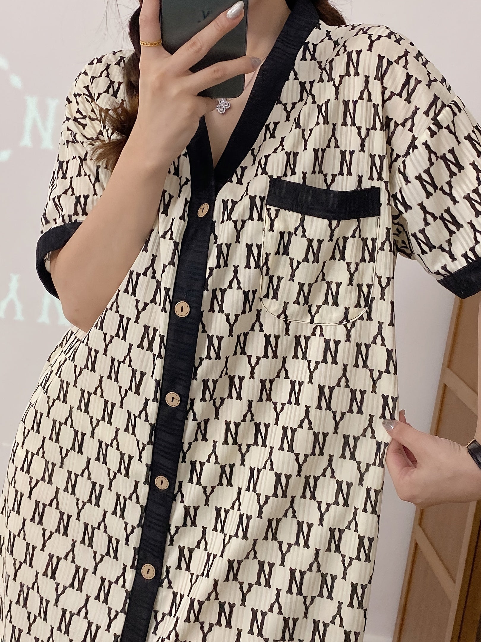 Women's Ribbed Pajama Robe with Letter Print and Colorblock Short Sleeves