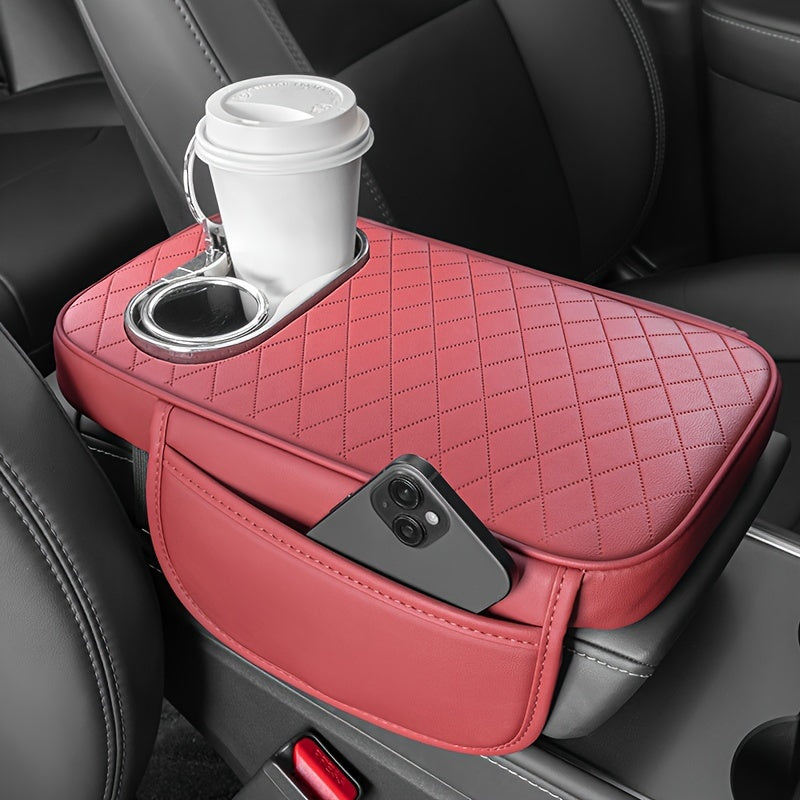 Universal Car Center Console Pad with Cup Holders and Pockets Leather
