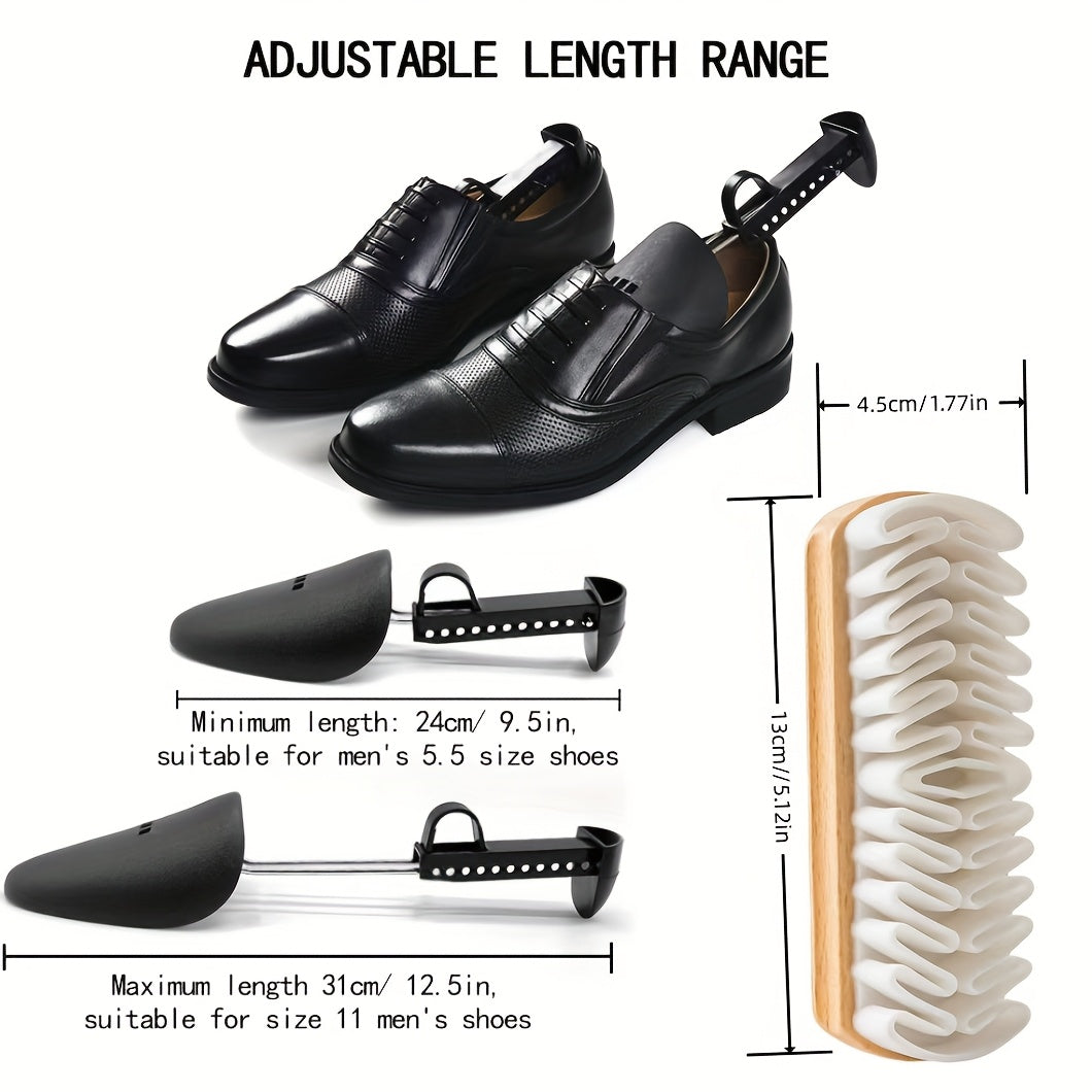 Men's Dress Shoe Stretchers with Suede Rubber Brush, Adjustable, Includes Laces and Cleaning Tools