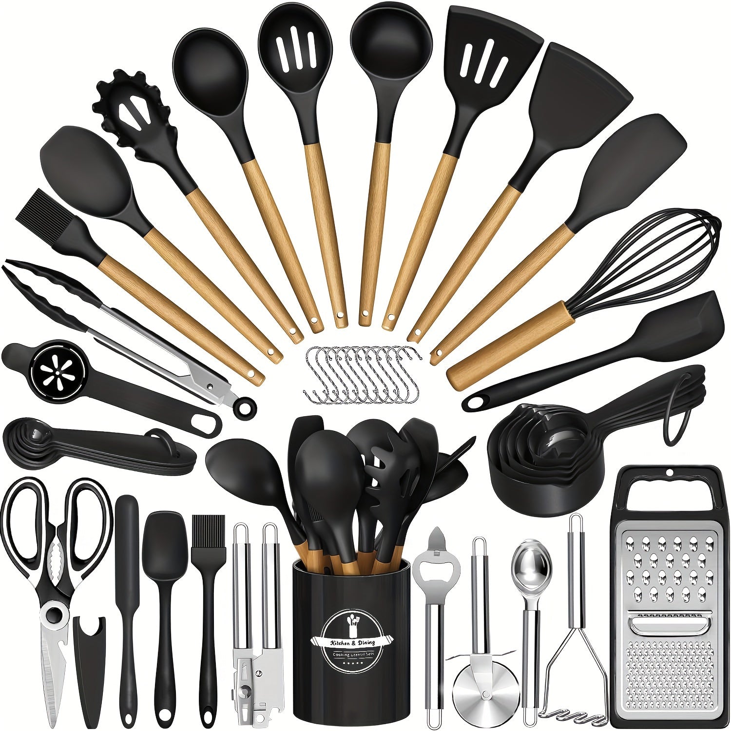 44-Piece Wooden Handle Silicone Non-Stick Cookware Set with Spatula Spoon Grater Bottle Opener