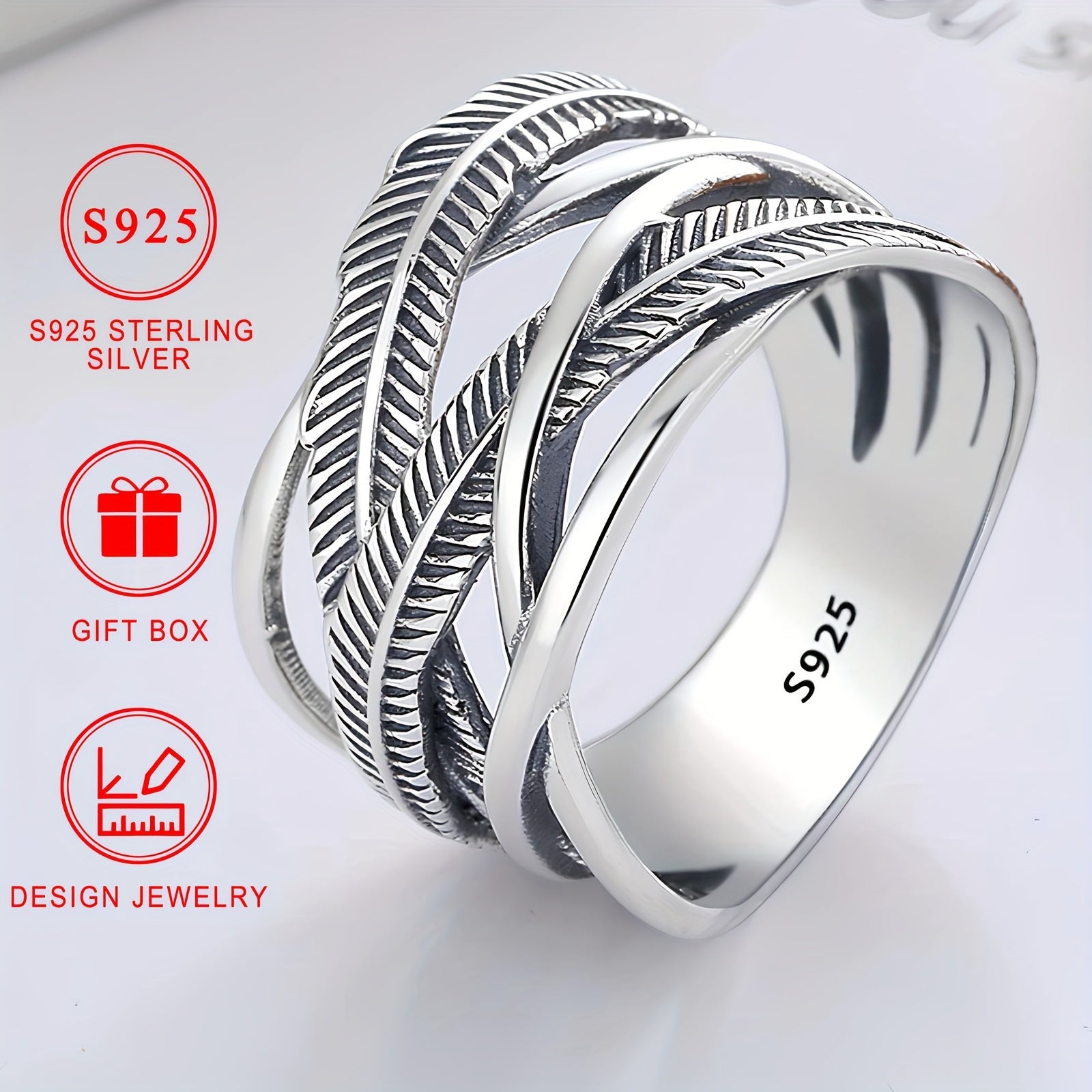 925 Silver Feather Ring Infinity Cross Band Hip Hop Style Jewelry Gift for Daily Wear